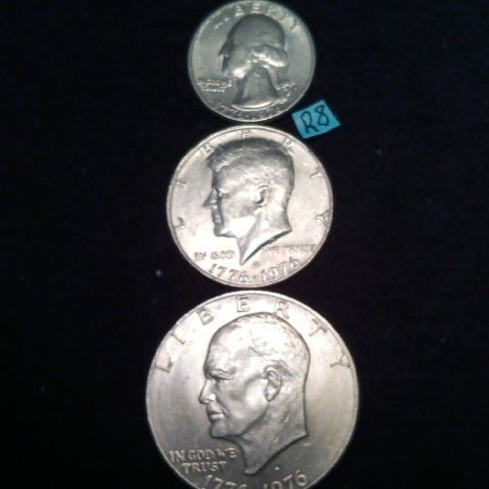 3 Bicentennial Coins: Eisenhower Dollar, Kennedy 1/2Dollar, & Washington Quarter